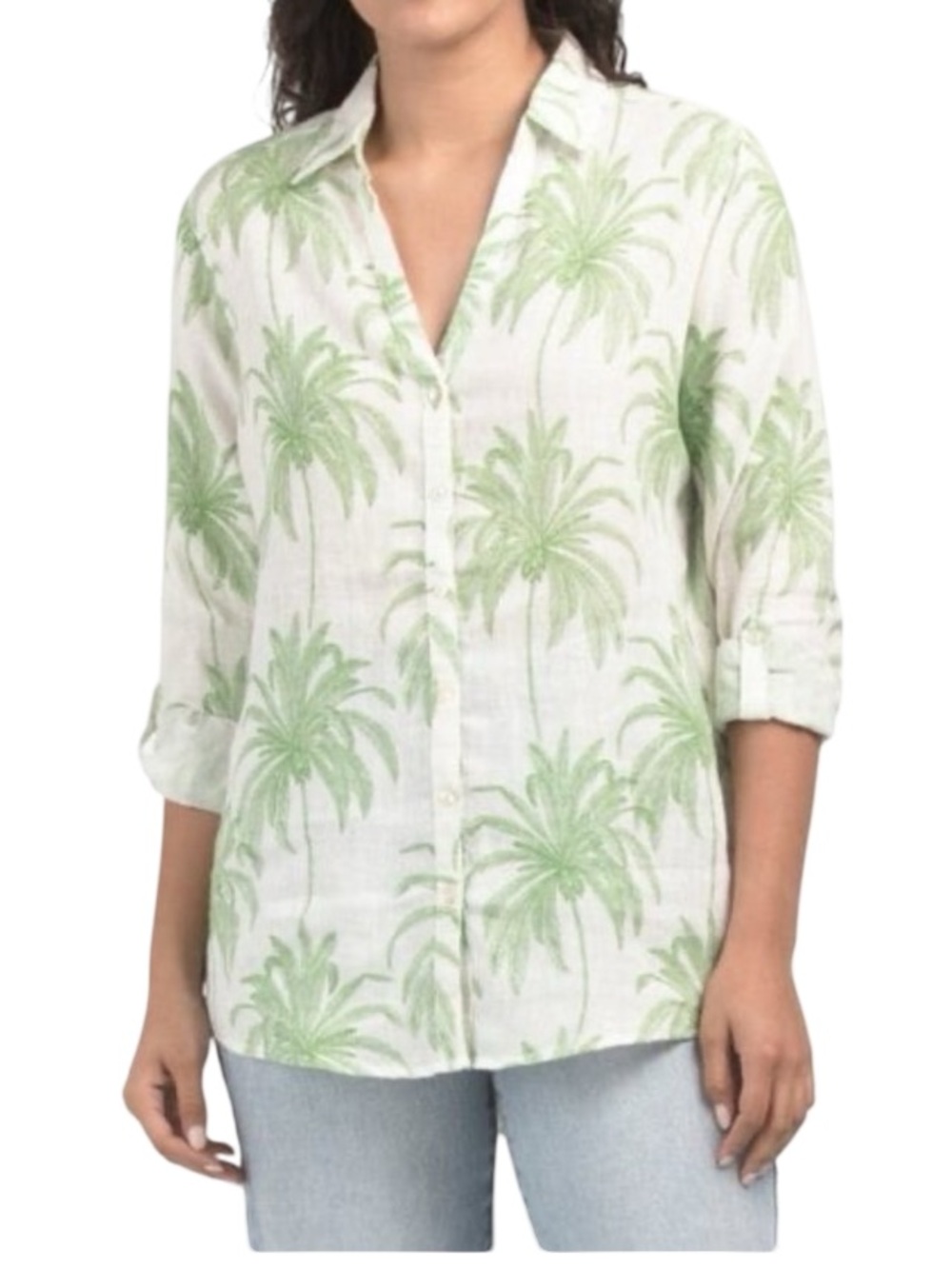 Tahari Linen White Button-Down Shirt with Light Green Palm Print Size Medium